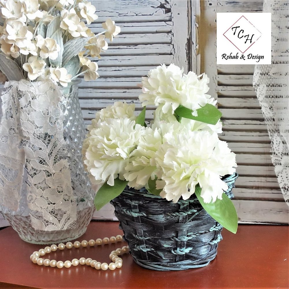 Teal and Black Basket Carnation Flower Decor Turquoise and Black Towel Basket